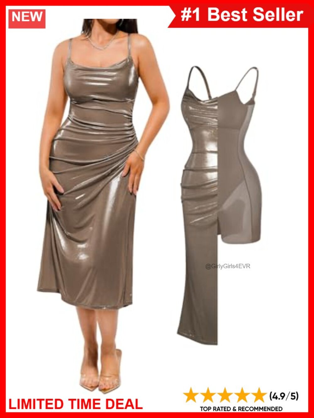 Shapewear Midi Dress Built-in Bra Cowl Neck Ruched Formal Cocktail
